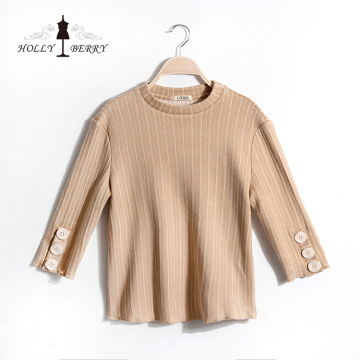 Blouse Femme New Arrival Cotton Stripe Champagne Color Three Quarter Sleeve